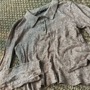 Zara Brown Knit Quarter Button LS‎ Top Size Medium